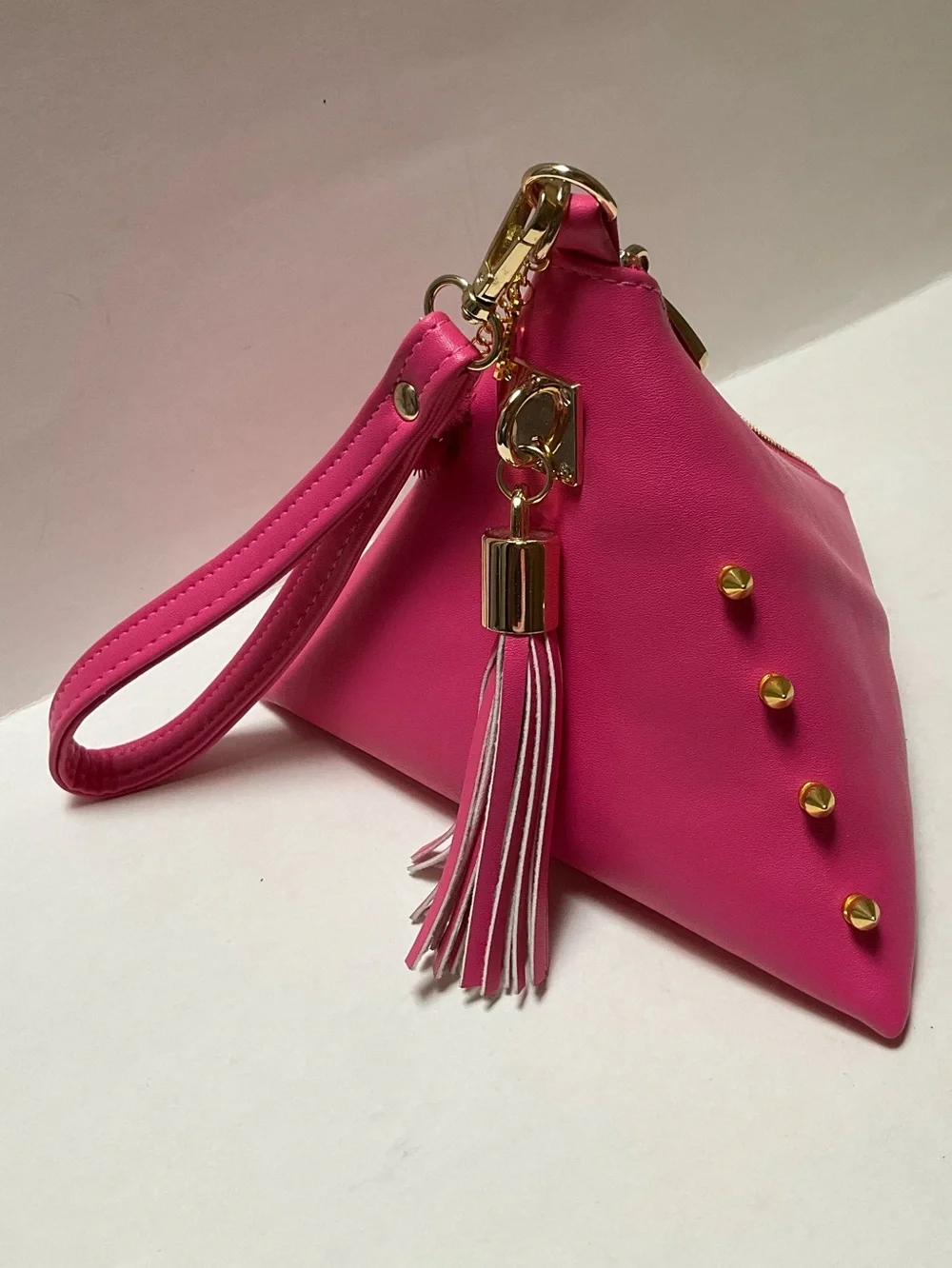 Synthetic leather triangle Hot Pink Wristlet Clutch Gold Spike Summerween Charms